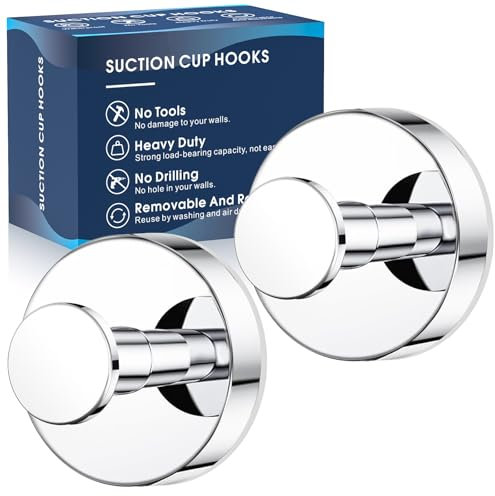 MOTAIPEAK 2pc Chrome Stainless Steel Suction Cup Hooks for Shower, Wall Mount, Heavy Duty, Rust Resistant, 11lbs Max Weight, 2 Hooks, Modern Style, Luxe Grip, Easy Install