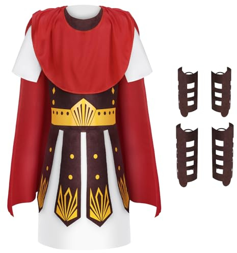 AYBUY Costume de Gladiateur pour Enfant avec Tunique, Protection des Bras et Des Jambes, 5 Pièces Costume de Gladiateur avec Épée de Samouraï, Adapté pour le Carnaval, Halloween, Soirées à Thème, L