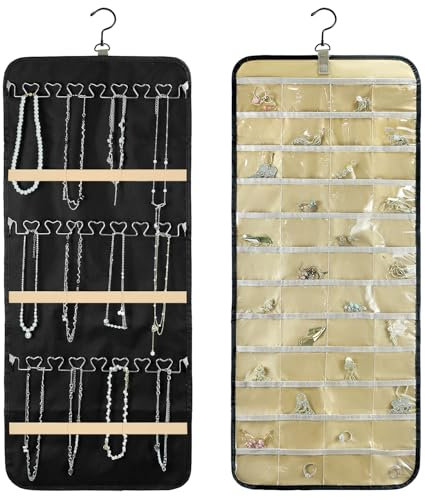 QWORK® 1 Piece necklace holder, double-sided hanging necklace organiser, with dustproof pockets and hook, organise jewellery, cosmetics, and accessories