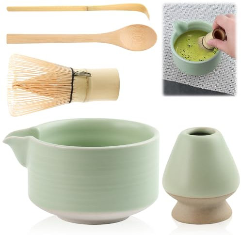 TAIHOBO Matcha Set, 5PCS Reusable Matcha Kit Includes Matcha Whisk and Bowl 550ml Ceramics with Spout, Whisk Holder and 2 Bamboo Spoon, Matcha Tea Set for Home, Office and Tea Room