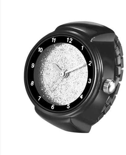 JewelryWe Fingeruhr Elastische Ringuhr Damen: Schwarz Analog Quarz Fingerringuhr Edelstahl Stretchband Uhr Ring Unisex mit Zugband, Arabische Ziffernskala und Mattiert Zifferblatt