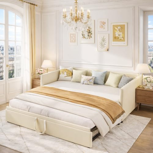 Cama doble acolchada, sofá cama nido 90/180*200 cm con somier de láminas, cama multifuncional de tela de terciopelo suave para la piel beige, soporte de listones de madera incluido, fácil de montar