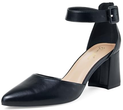 GENSHUO Zapatos de Mujer con Punta Cerrada, Tacón Bajo en Bloque de 6 cm, Correa al Tobillo, Cómodos para Trabajo y Fiestas, Negro Mate, 39 EU