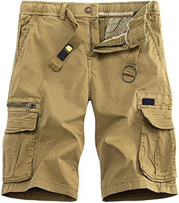 Herren-Cargo-Shorts mit seitlichen Taschen, aus Baumwolle, Militär-Shorts, lässig, Chino-Shorts, Sommer, Outdoor, Sport, mit Gürtel mit Kordelzug, Cargo-Shorts, kaki, L