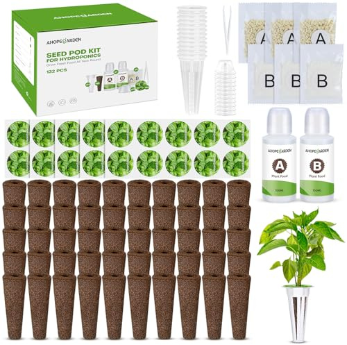 Ahopegarden Kit de 132 capsules hydroponiques : compatible avec les kits d'herbes AeroGarden avec 50 éponges de culture, 50 capsules étiquettes, 12 paniers de culture et dôme, 8 engrais pour plantes A