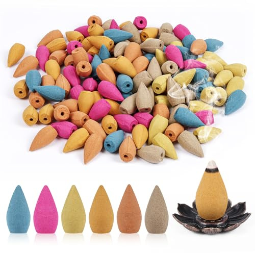 AUAUY Kit de Conos de Incienso de Reflujo, 120 Conos de Incienso Fresco con 1 Soporte, 6 Aromas Naturales: Rosa, Jazmín, Osmanto, Océano, Sándalo y Artemisa para Meditación, Yoga, Relajación