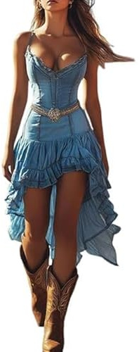 Genérico Vestido vaquero occidental para mujer, transpirable, estampado retro, vestido con volantes, color sólido, vintage, vestidos de vaquera, viajes, citas, vestidos de vacaciones, azul, S