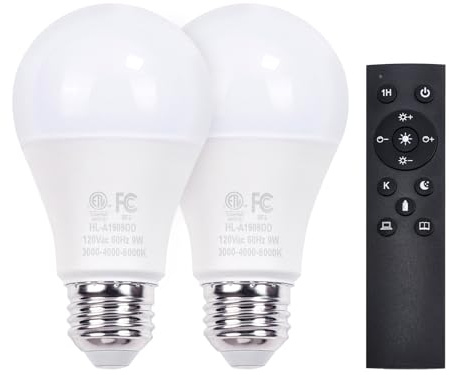 Gupuzm A19 LED Remote Control Bulbs, 800LM 9W, Equivalent to 60W Bulbs, Dimmable Bulb with Remote Control 3000K-6000K, E26 Base, CRI 80+,2.4GHz, Lifespan Over 25,000 Hours (9W-1 Remote-2 Bulb)
