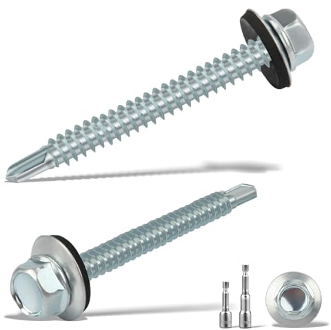 sturiz 90 stycken plåtskruvar självgängande skruvar 5,5 x 50 mm trapetsplåtskruvar dispenserskruvar med tätningsskiva 2 st. sexkantiga bits hylsnyckelsats M8 galvaniserade borrskruvar (silver)