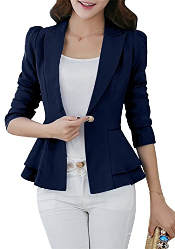 EFOFEI Giacche da Donna a Vita con Volant Peplum Giacca a Maniche Lunghe Orlo a Volant Blazer Slim Fit con Volant Corti Blu Navy M