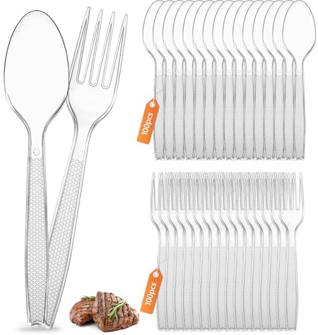 AUAUY 200 st Återanvändbart Bestickset(100 gafflar och 100 skedar) | Återanvändbart Bestickset och Gafflar för Fest, Camping, Servis, Bröllop och Utomhusevenemang, Transparent