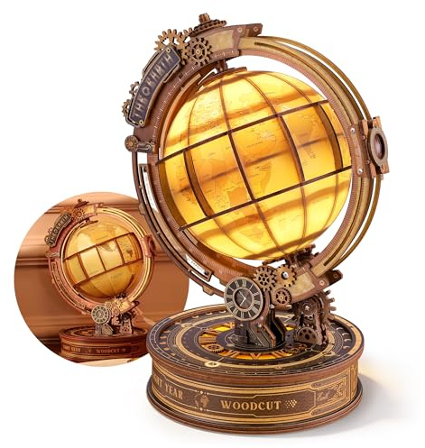 FUNPOLA Puzzle 3D de Madera Star Orbit Globe con Luces LED – Modelo de Globo Giratorio DIY con Luz Cálida, Decoración de Escritorio Estilo Steampunk, Regalo para Adultos y Adolescentes
