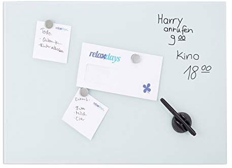 Relaxdays Magnettafel Glas, 80x50 cm, 3 Magneten, Marker, Stiftehalter, Büro & Küche, Sicherheitsglas Magnetboard, weiß