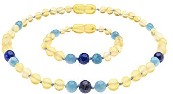 Genuine Amber Necklace and Bracelet from Baltic Sea Made with Unpolished Lemon Aquamarine and Lapis Lazuli 34 cm (13.4 & 5.9 Inches)