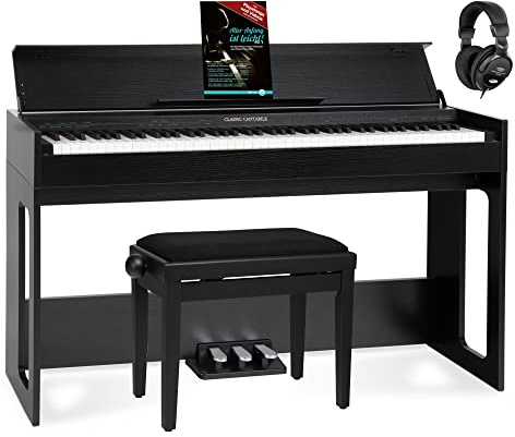 Classic Cantabile DP-S1 SM E-Piano Set - 88 gewichtete Tasten mit Hammermechanik und Anschlagdynamik - 10 Klänge - Slimline-Design - Spar-Set inkl. Klavierbank, Kopfhörer & Schule - Schwarz matt