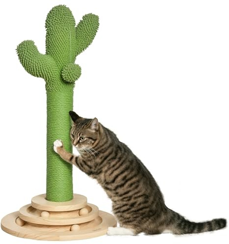 PawHut Kratzsäule 60 cm hoch Kratzstamm in Kaktusform für Katzen unter 5 kg, Kratzbaum mit Sisalseil, Spielball, Holzkugel, Plattform Grün+Natur