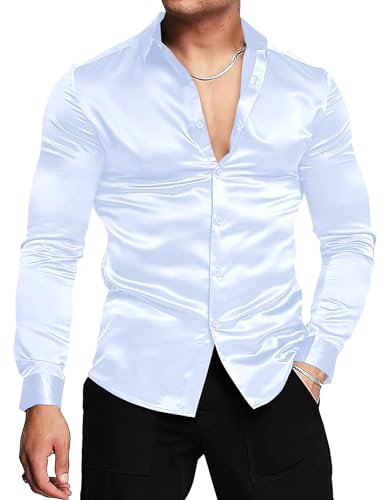 URRU Herren Luxus Glänzende Seide wie Satin Langarm Hemd Casual Slim Fit Muskel Button Up Hemden Helles Lila XL
