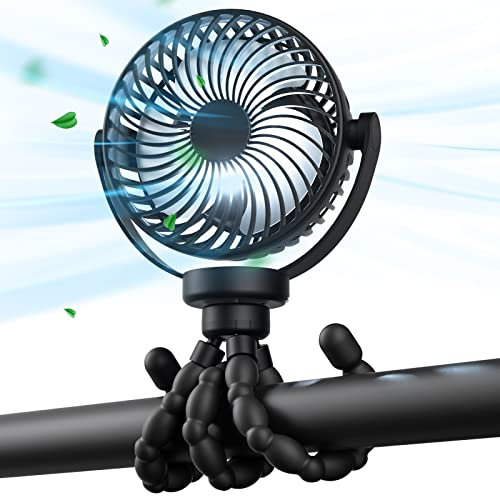 VOSFEEL Ventilador portátil para cochecitos, Ventilador Carrito Bebe con Batería 5200mAh y carga USB-C, Soporte de silicona desmontable, 3 Velocidades + Luz Nocturna Ideal para Interiores/Exteriores