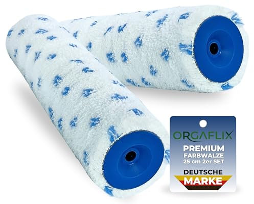 ORGAFLIX Premium Farbwalze 25cm - 2 Stück, Perfekte Farbaufnahme und Abgabe, Kern 48mm, Florhöhe 8mm - Farbroller Wandfarbe, Malerrolle groß, Malerwalze, Malerset