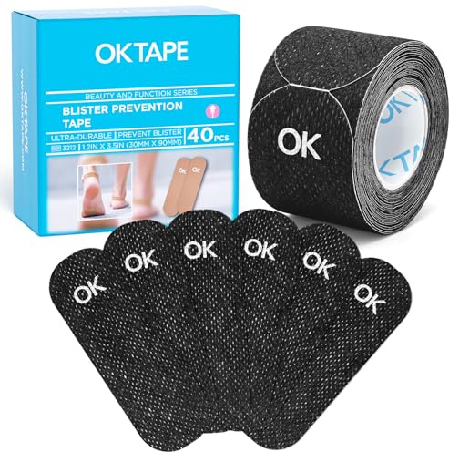 OK TAPE Pre-Cut Blister Bandages for feet | Blister Prevention Tape for Feet, Fingers, Toes | 1.2in x 3.5in,Black,40pcs