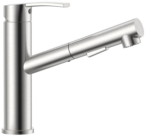 APPASO Robinet de cuisine en acier inoxydable avec douchette extensible et 2 types de jet, mitigeur d'évier pivotant à 360°, acier inoxydable brossé, haute pression