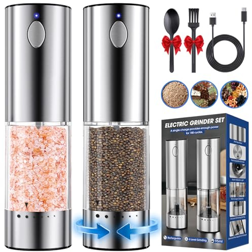 HomeHacks Uppgraderat set med elektrisk salt- och pepparkvarn med större kapacitet, uppladdningsbar typ-C med LED-ljus, rostfritt stål automatisk och 6 justerbara grovhet, perfekt som present på mors