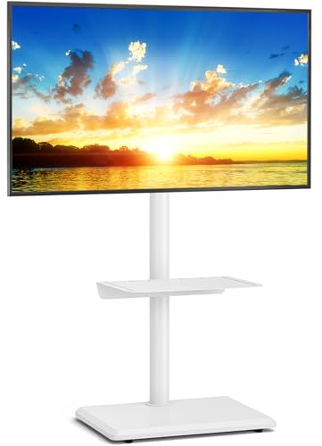 5Rcom Universal Swivel TV Floor Stand with Mount for 32-60 Inch TVs up to 40 kgs, Height Adjustable TV Stand with Swivel, Tall TV Stand with White Wooden Base, Max VESA 400x400mm (White)