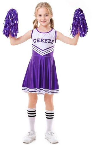JiAmy Mädchen Cheerleader Kostüm, Schulspiel Cheerleading Uniform mit Pompons und Socken, Halloween Fancy Dress Up Outfit für Kinder 5-6 Jahre Lila