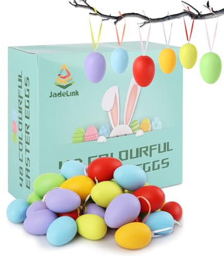 JadeLink 48 Stück Ostereier zum Aufhängen, Bunte Plastik Ostereier zum Bemalen mit Aufhänger und Schnur, 2 Größen Ostern Geschenk Kinder für Draußen und Innen Osterdeko Deko zu Ostern