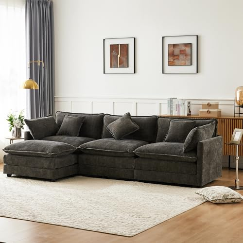 Modern design, stoppade möbler, chenille-tyg, tresitsig soffa, stoppad soffa, hörnsoffa med fotstöd, L-formad hörnsoffa, lämplig för vardagsrum och sovrum (mörkgrå)