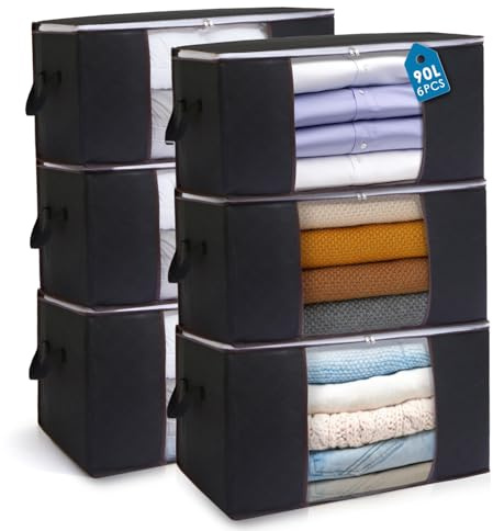 AIOR 6pcs Scatole per Armadio Salvaspazio, 90L Grande Capacità Borsa Porta Abiti con Finestra Trasparente, Pieghevole Organizzatore Borsa per Trapunte, Coperte, Biancheria da Letto (Nero)