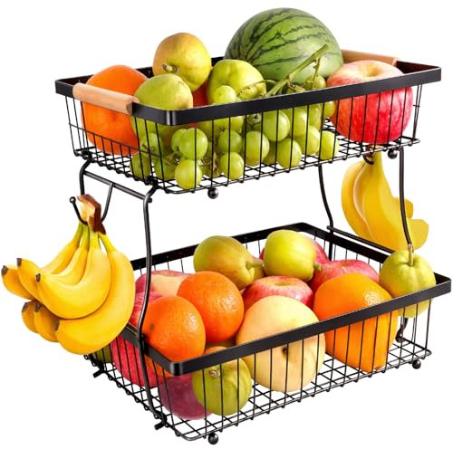 FoiiLiio Frutero 2 Pisos Negro Cesta de Frutas de 2 Niveles Cesta de Frutas de Metal Diseño Desmontable, Fruteros Estante de Almacenamiento para Pan Verduras Bocadillos