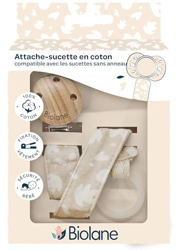 BIOLANE - Attache tétine bébé - Pour tétine anatomique - Tissu 100% coton - Beige - Fixation Silicone - Clip en bois et métal - Double Sécurité & Anti-glisse