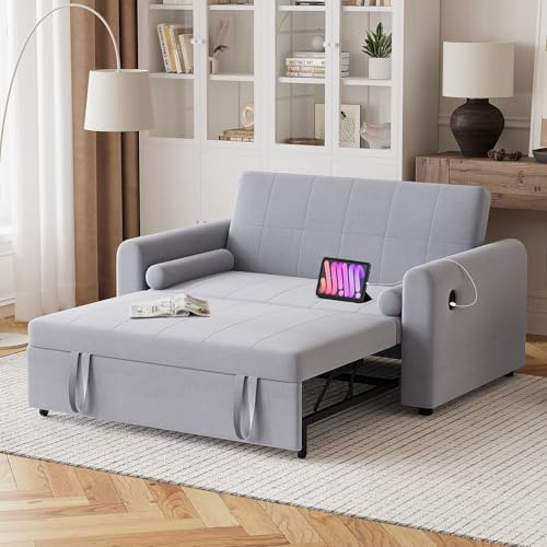 Hadibio Double Sofa Bed, Convertible Linen 2 Seater Sofa Bed with Storage Pockets, 3 Adjustable Backrest and USB & Type-C, 3-in-1 Pull Out Couch Bed for Living Room, Bedroom, Grey