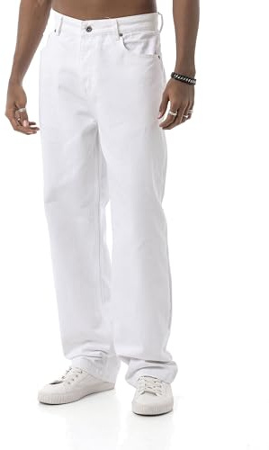 Pantalon en jean - Coupe droite avec 5 poches - Jean coupe droite classique pour les loisirs et le streetwear, Blanc., 30W / 32L