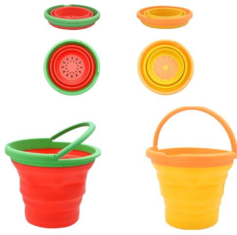 Coriver Seau de Plage Pliable, Lot de 2 Seaux de Camping Pliables Silicone avec Motif Fruits et Poignée, Plage Enfant pour Sandpit, Plein Air, Peche (1. Rouge + Orange)