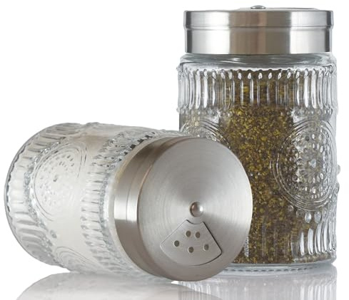 Wongblee 2 Pack Glass Salt and Pepper Shakers with Adjustable Pour Holes, 120ml Refillable Spice Dispensers for Himalayan, Table, Kitchen(Short-Sunflower)