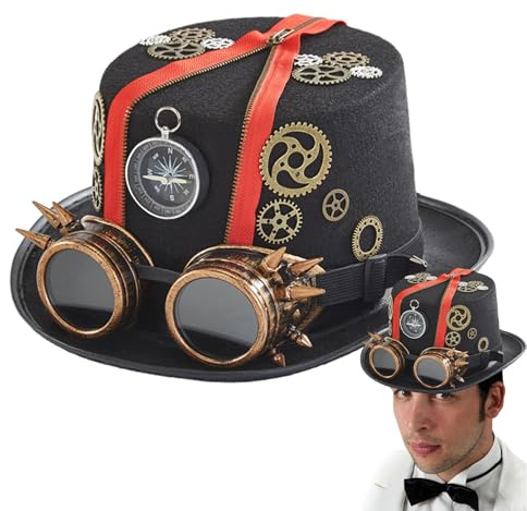 Generico Cappello Steampunk Gotico da Uomo - Cappello a Cilindro Nero Vintage, Accessorio Classico per Costumi vittoriani, Copricapo Stile retrò con Occhiali | Costume da Viaggiatore del per Feste
