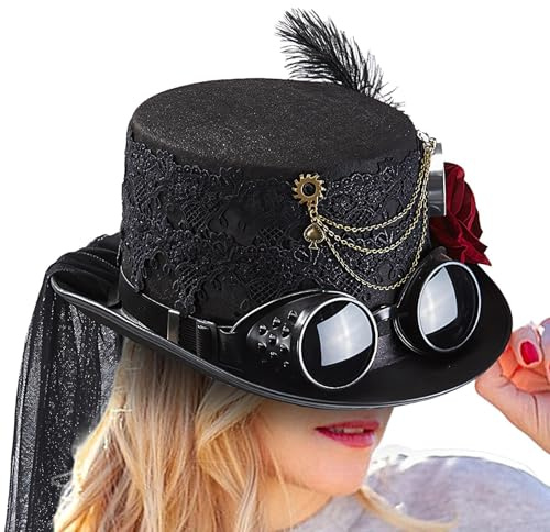 Genérico Sombrero Tubo Steampunk | Sombrero De Copa Para Disfraces,Accesorios de Cosplay con Gafas Removibles y Cadena para Fiesta de Halloween