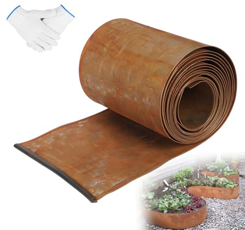 Borde de césped de acero corten 5 m x 20 cm, borde de metal con aspecto oxidado, cinta flexible para bordes de césped, incluye 1 par de guantes, para limitar macizos de flores, caminos de jardín