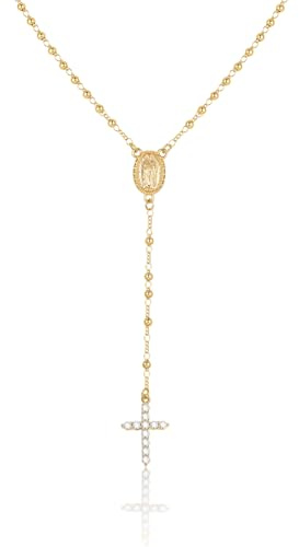 MPRAINBOW Collier Chapelet Y Femme - Pendentif Croix et Vierge Marie - Chaîne Perles Médaille Miraculeuse - Bijou Religieux Cadeau (Plaqué Or, 55+5cm)