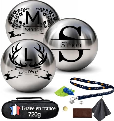 Custamix Boule de Pétanque Personnalisée 720g - Triplette avec Accessoires (Cochonnet, Sacoche, Mesureur) - Idée Cadeau pour Fête des Pères et Mères, Retraite, Anniversaire
