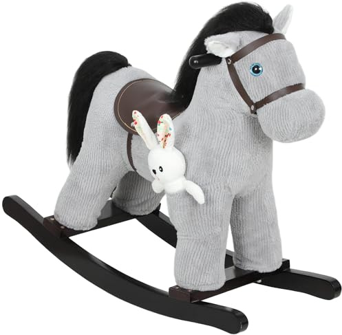 AIYAPLAY Cheval à Bascule pour Enfants avec Effet Sonore Bébé 2-5 Ans Gris | Jouet à Bascule en Peluche, Poupée et Poignée, Cadeau pour Filles et Garçons
