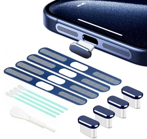 Muorruo 4-pack USB-C-dammskyddsproppar, USB-C-portskydd, Typ-C-laddningsportskydd med högtalardammskydd, mobiltillbehör för iPhone 17 Pro Max, mörkblå