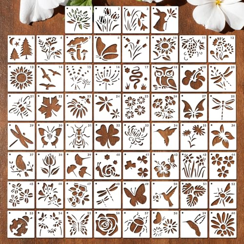 JSRQT 60 Piezas Plantillas Primavera para Pintar, Plantillas Reutilizables para Pintura con Mariposa Flor Hoja Pájaro,Painting Stencils Set para Diarios, Postales,7.62cm
