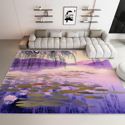 Generico Tappeto Soggiorno 80x150 cm, Tappeto Salotto Acquerello Lago Salici Morbido Scendiletto Camera da Letto Viola Tappeti Lavabili per Cameretta Bambino Ufficio Cucina