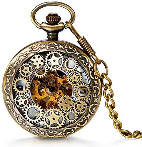 LANCARDO Damen Herren Steampunk Automatik mechanische Taschenuhr Bronze, Retro Zahnrad Ritzel Mechanische Kettenuhr Skelett Uhr mit Halskette Kette