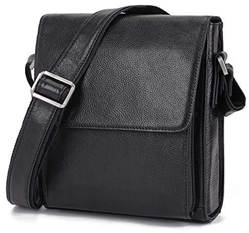 Augus Leather Messenger Shoulder Crossbody Bag for Men Work Business Vintage Magnetic Buckle Big Capacity Adjustable straps (Black)