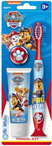 Paw Patrol, set da viaggio per bambini, include dentifricio aromatizzato alla fragola e spazzolino a setole morbide con ventosa e tappo protettivo, kit per l'igiene orale adatto ai viaggi per bambini