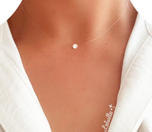 Collier Invisible MINI Solitaire - Collier transparent petit pendentif fil de nylon style fil de pêche